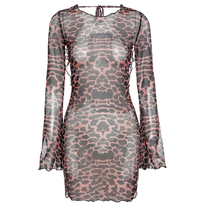 Damen Transparente Minikleid mit elegantem Leo-Print und weiten Ärmel Drune