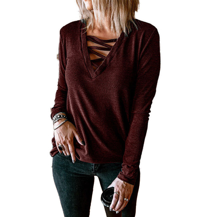Damen Langarmshirt mit V-Ausschnitt und dekorativem Schnürdesign Drune