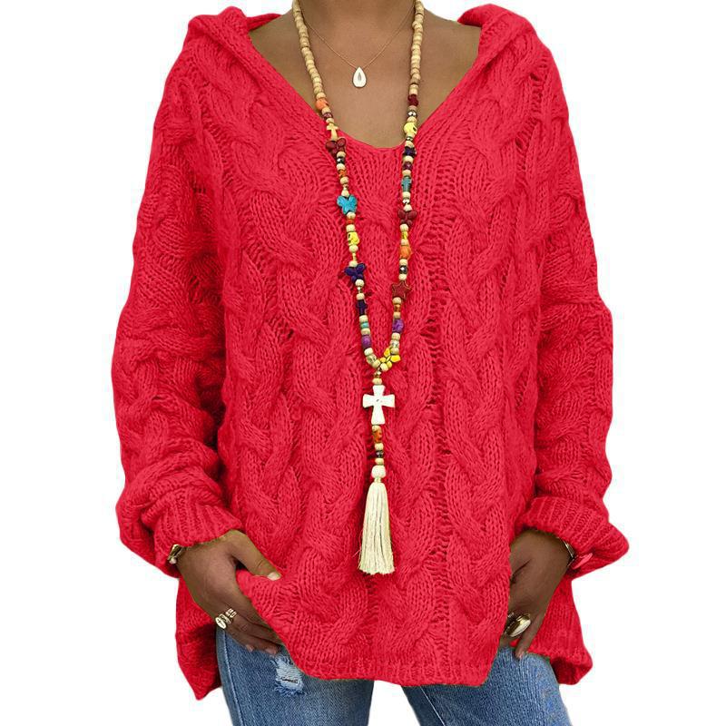 Damen nan oversized Kapuzenpullover mit Zopfmuster, tiefem V-Ausschnitt und seitlichen Schlitzen Drune