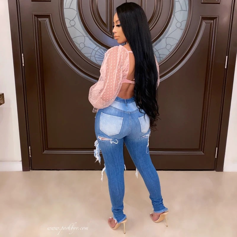 Damen Skinny Jeans mit modischem Destroyed-Look und hohem Bund Drune