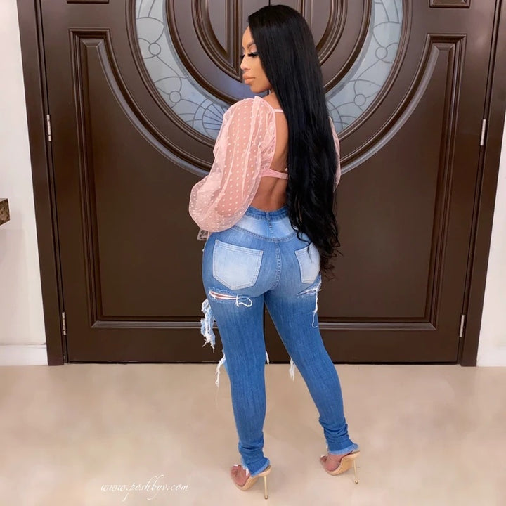 Damen Skinny Jeans mit modischem Destroyed-Look und hohem Bund Drune