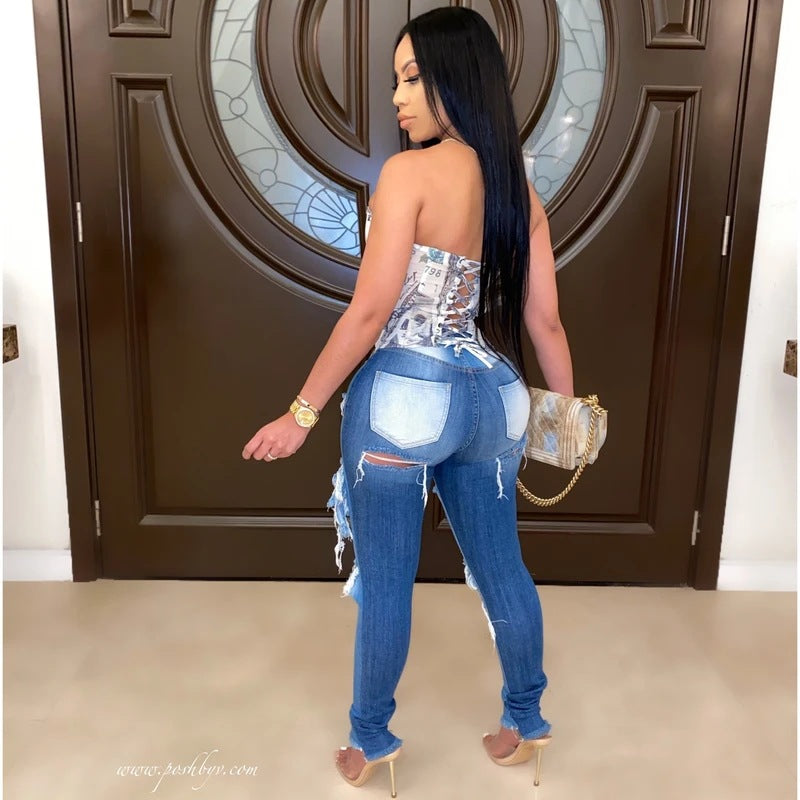 Damen Skinny Jeans mit modischem Destroyed-Look und hohem Bund Drune