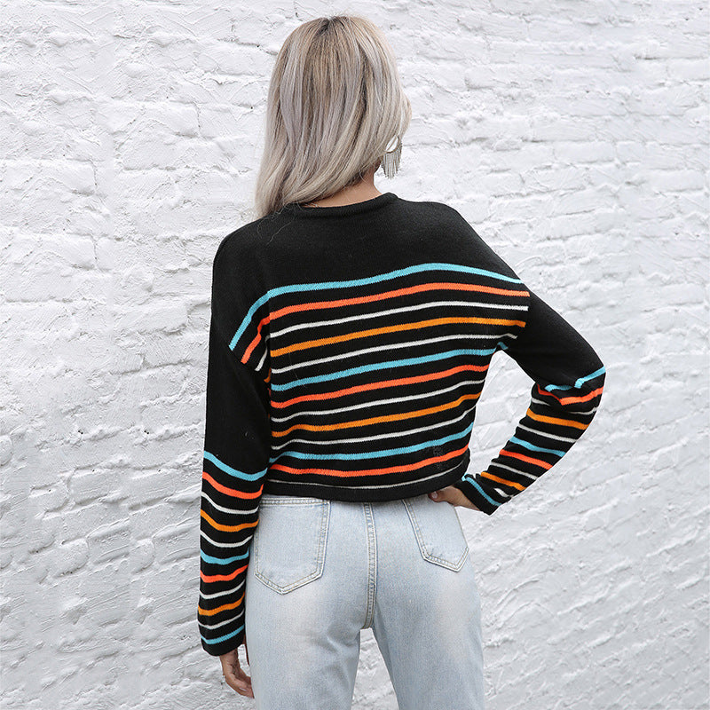 Damen gestreifter Pullover mit Rundhalsausschnitt und lässigem Schnitt Drune