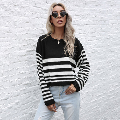 Damen modischer gestreifter Pullover mit weitem Schnitt Drune