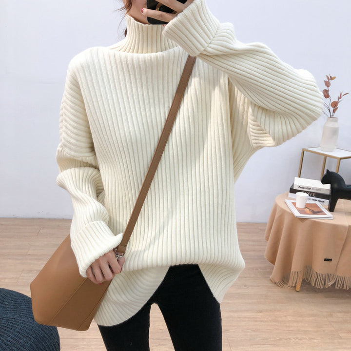 Damen Grobstrickpullover mit hohem Kragen und feiner Rippstruktur Drune