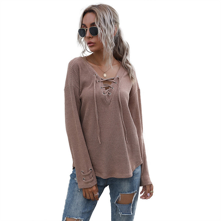 Damen lässiger Pullover mit Schnürung und Ballonärmeln Drune