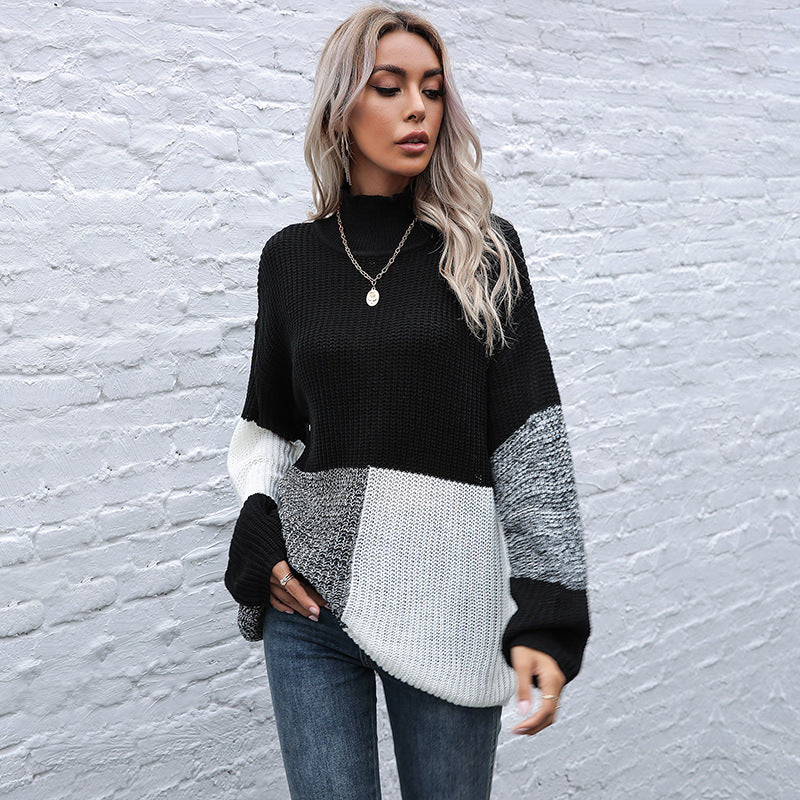 Damen modischer Strickpullover mit asymmetrischem Patchwork-Design Drune