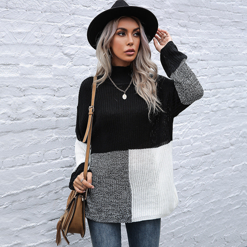 Damen modischer Strickpullover mit asymmetrischem Patchwork-Design Drune