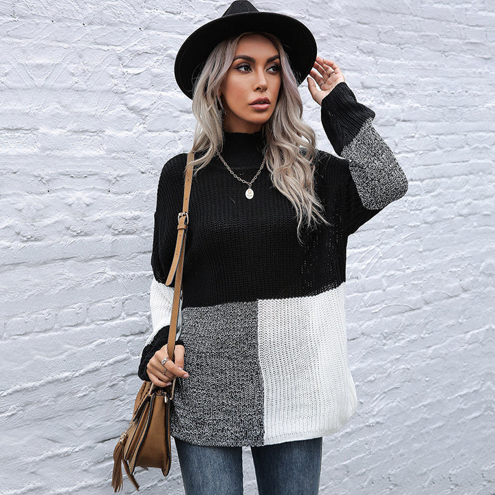 Damen modischer Strickpullover mit asymmetrischem Patchwork-Design Drune