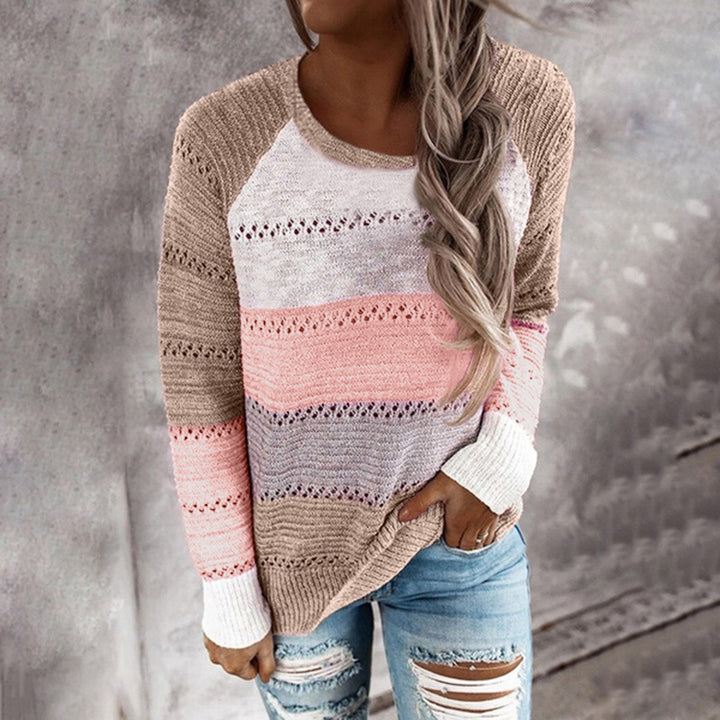 Damen Strickpullover mit modernen Streifen und feinen Lochmustern Drune