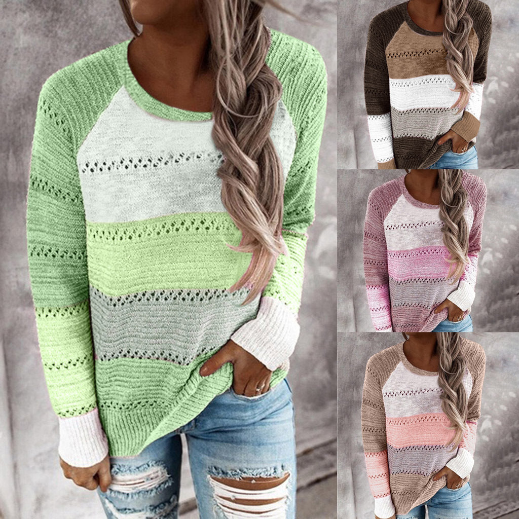 Damen Strickpullover mit modernen Streifen und feinen Lochmustern Drune
