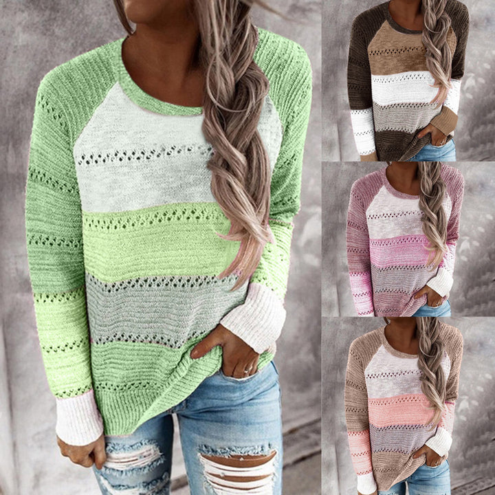Damen Strickpullover mit modernen Streifen und feinen Lochmustern Drune