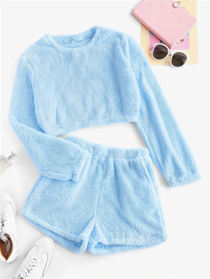 Damen Flauschiges Freizeit-Set mit cropped Oberteil Drune