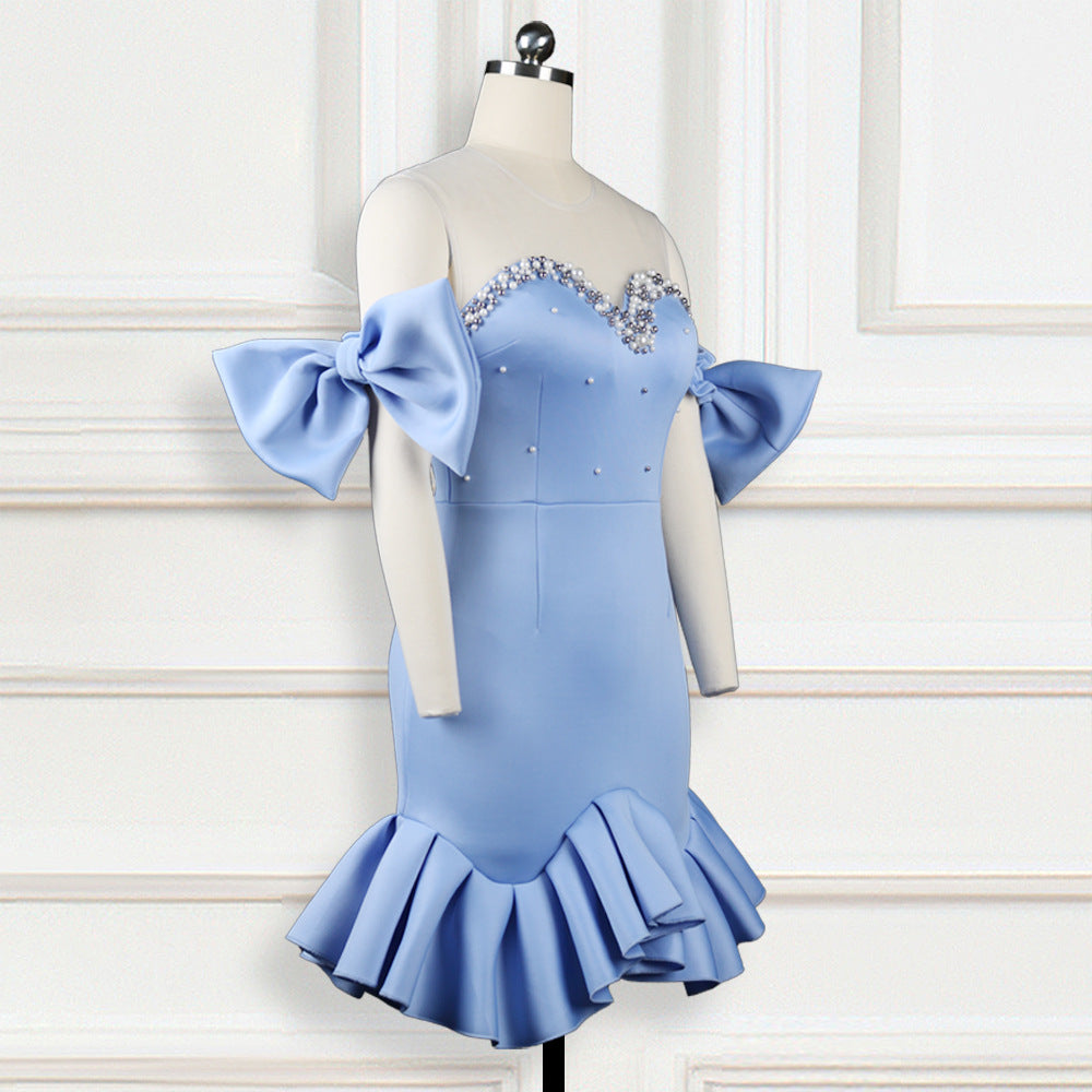 Damen Abendkleid mit transparenten Puffärmeln und Rüschenrand Drune