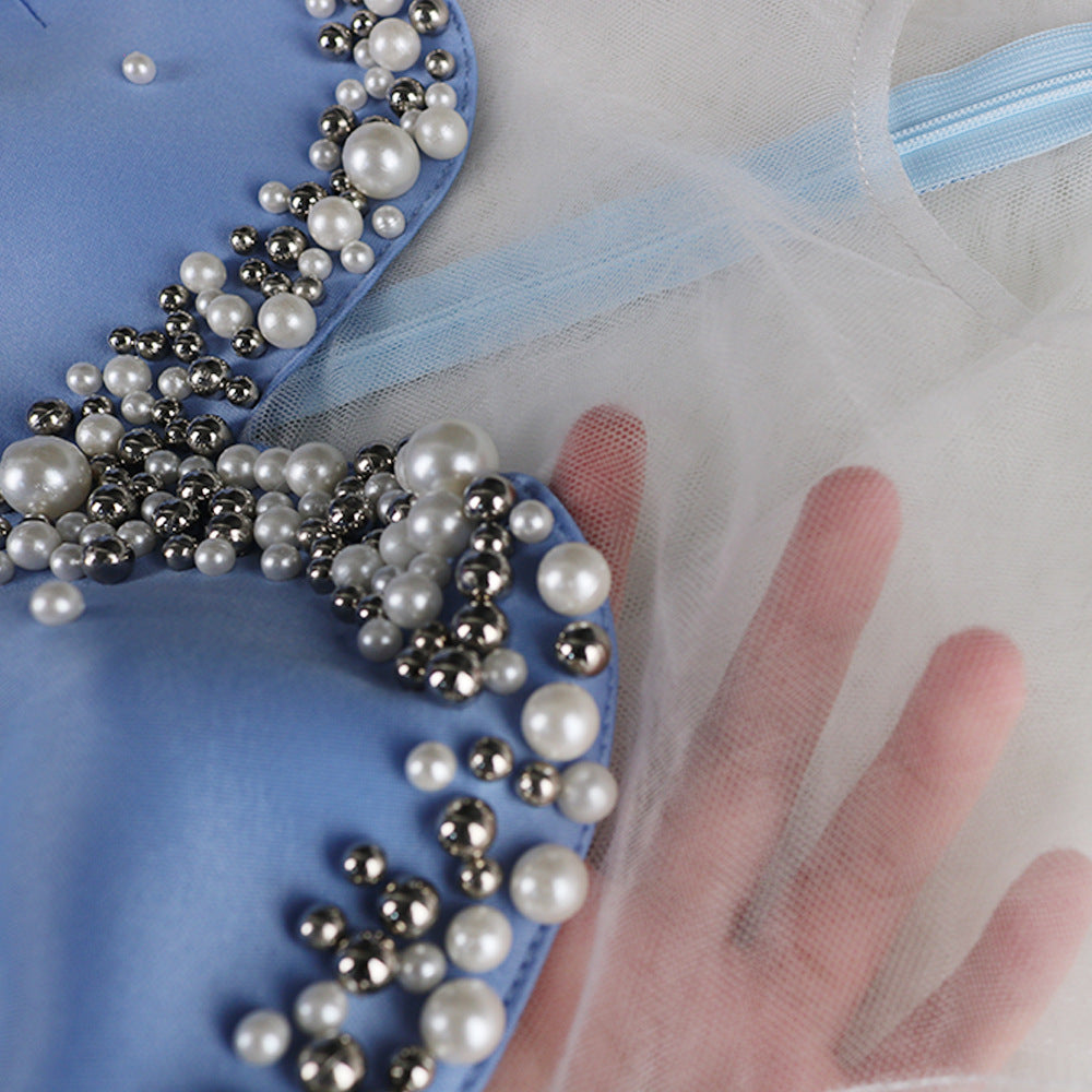 Damen Abendkleid mit transparenten Puffärmeln und Rüschenrand Drune