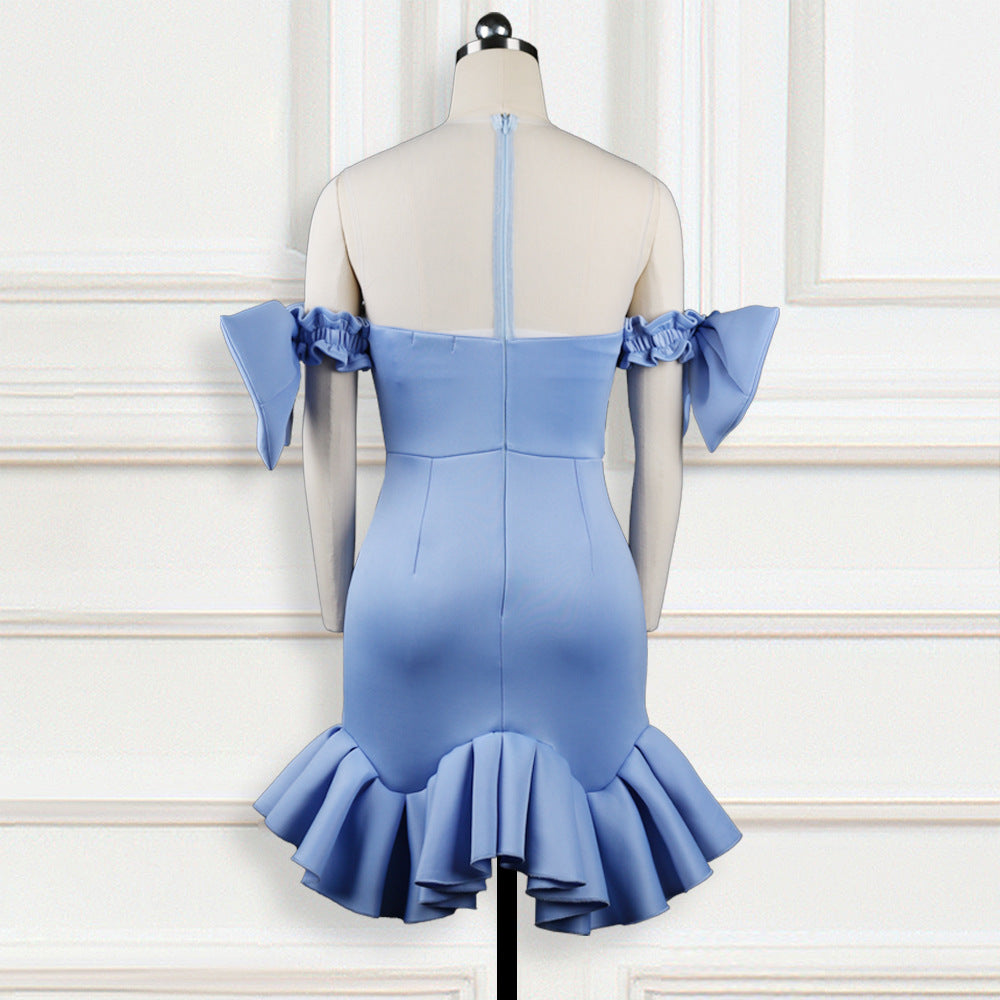 Damen glamouröses Cocktailkleid mit transparenten Puffärmeln und Rüschensaum Drune