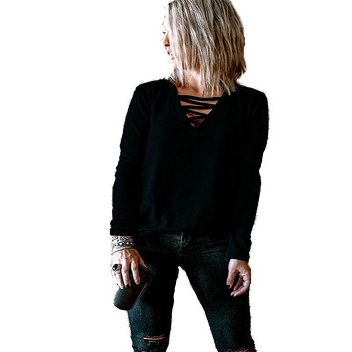 Damen Langarmshirt mit V-Ausschnitt und dekorativem Schnürdesign Drune