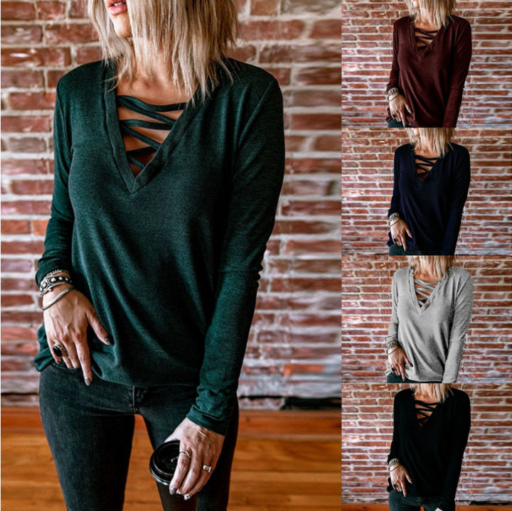 Damen Langarmshirt mit V-Ausschnitt und dekorativem Schnürdesign Drune