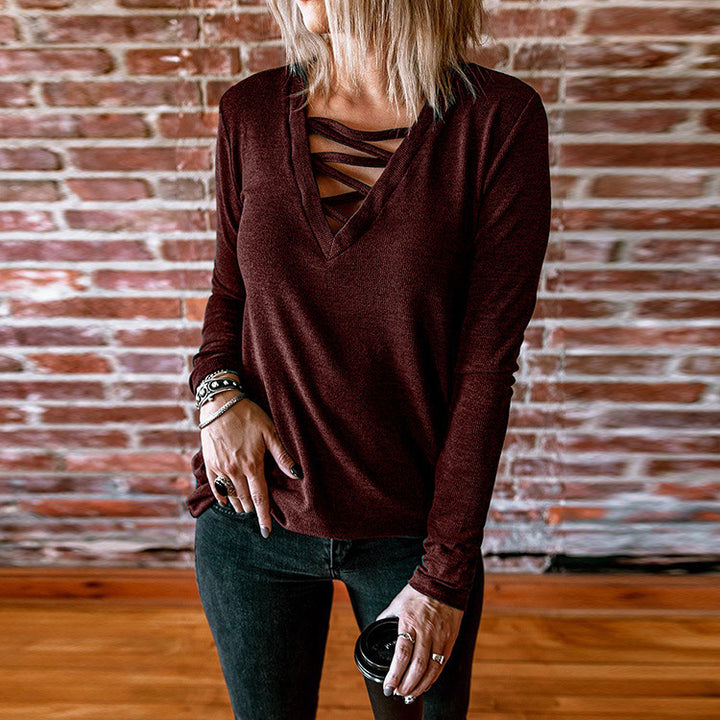 Damen Langarmshirt mit V-Ausschnitt und dekorativem Schnürdesign Drune