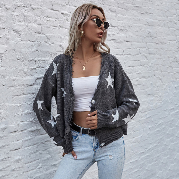 Damen lässige Strickjacke mit Sternenmotiv und Fransen Drune