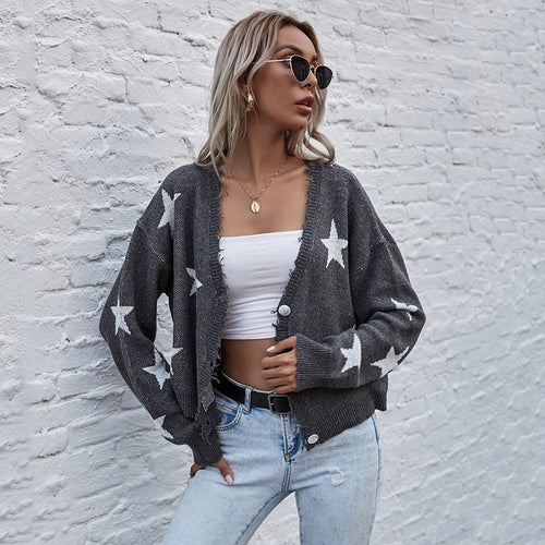 Damen lässige Strickjacke mit Sternenmotiv und Fransen Drune