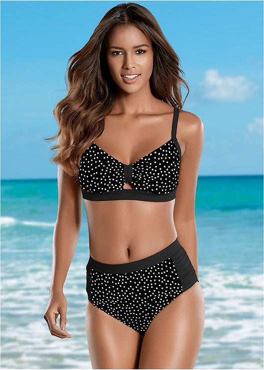 Damen Hochtailliertes Bikini-Set mit gepolstertem Oberteil und modischem Punktdesign Drune