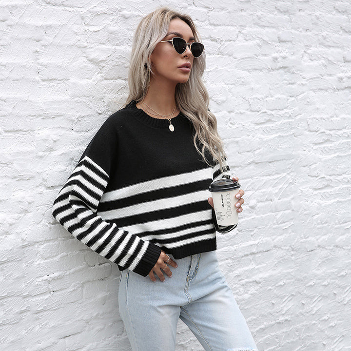 Damen modischer gestreifter Pullover mit weitem Schnitt Drune