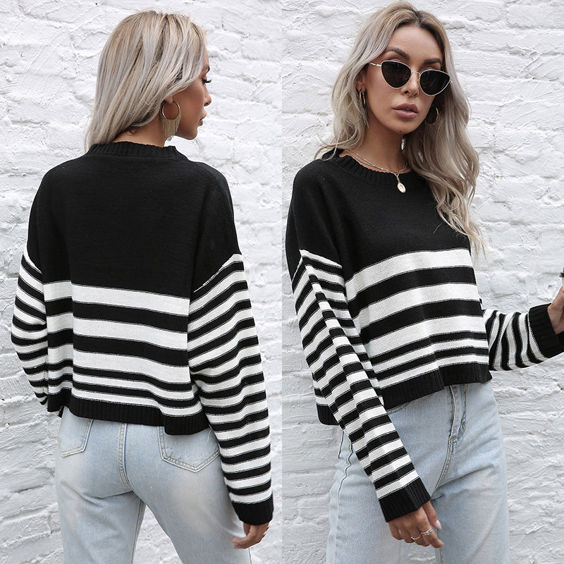 Damen modischer gestreifter Pullover mit weitem Schnitt Drune