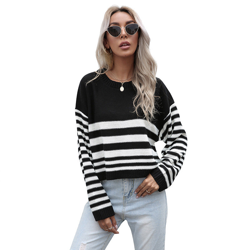 Damen modischer gestreifter Pullover mit weitem Schnitt Drune