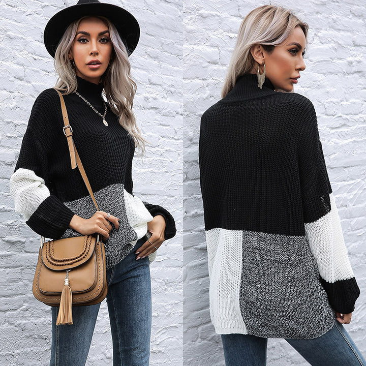 Damen modischer Strickpullover mit asymmetrischem Patchwork-Design Drune