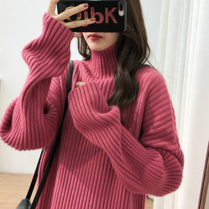 Damen Grobstrickpullover mit hohem Kragen und feiner Rippstruktur Drune