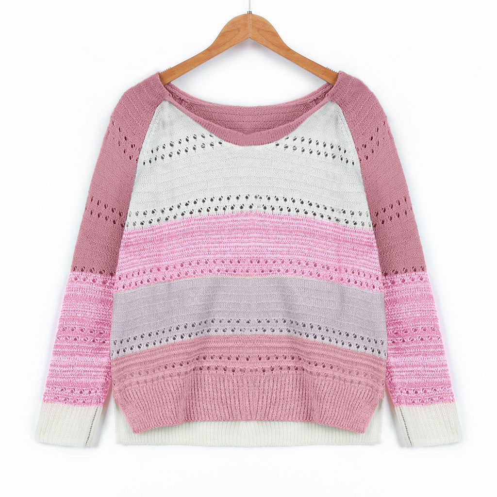 Damen Strickpullover mit modernen Streifen und feinen Lochmustern Drune
