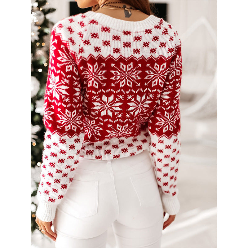 Damen festlicher Strickpullover mit winterlichem Motiv und Rundhalsausschnitt Drune