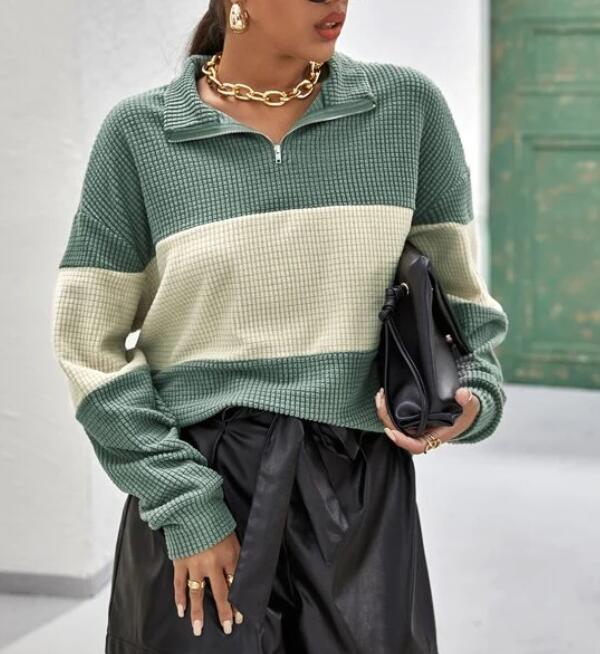 Damen Pullover mit Reißverschluss und Blockstreifen Drune
