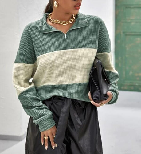 Damen Pullover mit Reißverschluss und Blockstreifen Drune