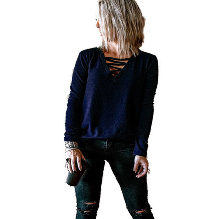 Damen Langarmshirt mit V-Ausschnitt und dekorativem Schnürdesign Drune