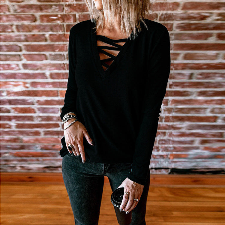 Damen Langarmshirt mit V-Ausschnitt und dekorativem Schnürdesign Drune
