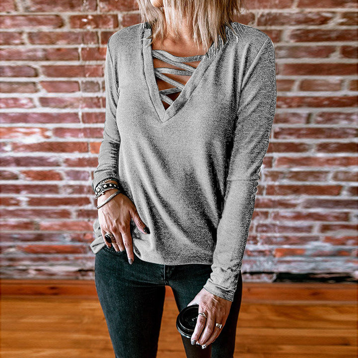 Damen Langarmshirt mit V-Ausschnitt und dekorativem Schnürdesign Drune
