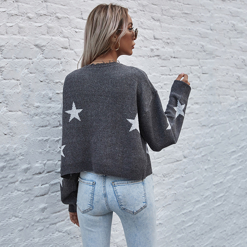 Damen lässige Strickjacke mit Sternenmotiv und Fransen Drune