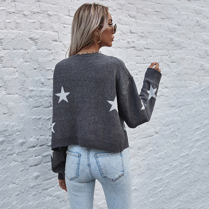 Damen lässige Strickjacke mit Sternenmotiv und Fransen Drune