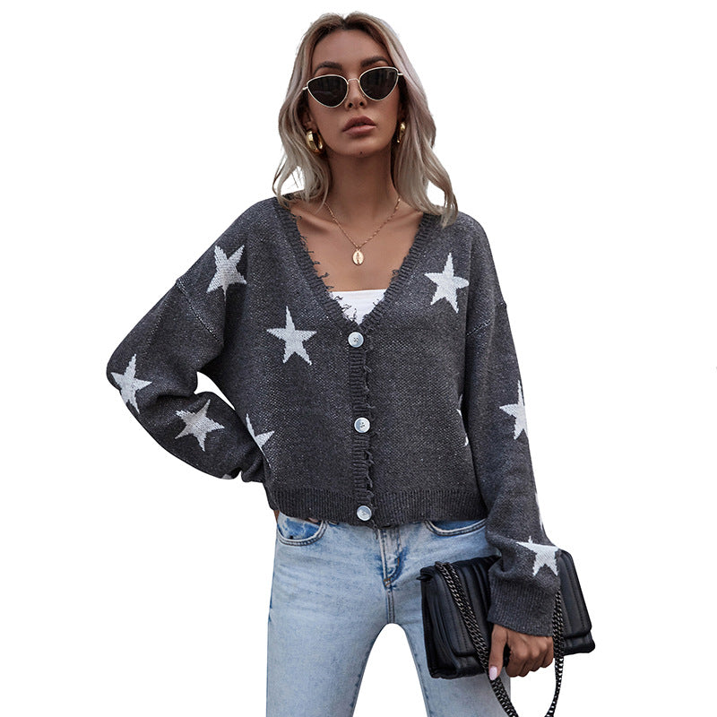Damen lässige Strickjacke mit Sternenmotiv und Fransen Drune
