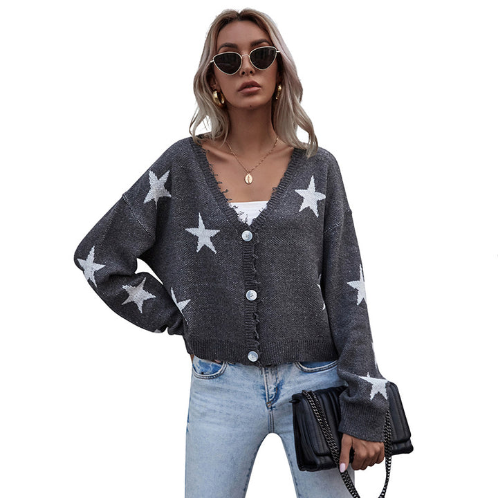 Damen lässige Strickjacke mit Sternenmotiv und Fransen Drune