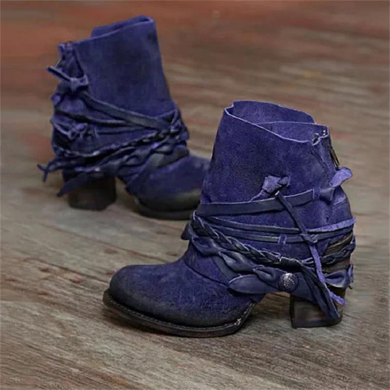 Damen nan Vintage Western-Ankleboots aus Veloursleder mit geflochtenen Riemendetails und praktischem Fersenreißverschluss Drune