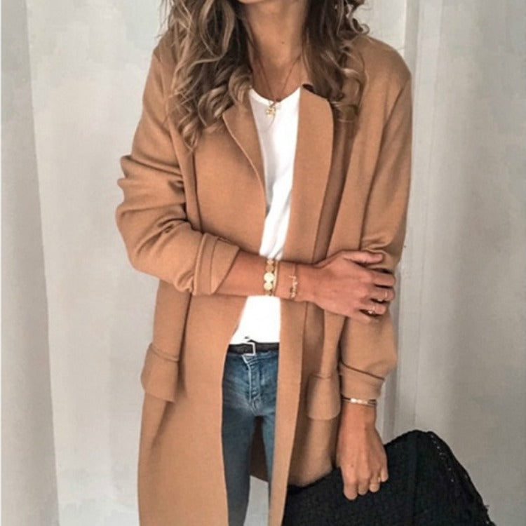 Damen elegante Langjacke mit praktischen Taschen und lockerer Passform Drune