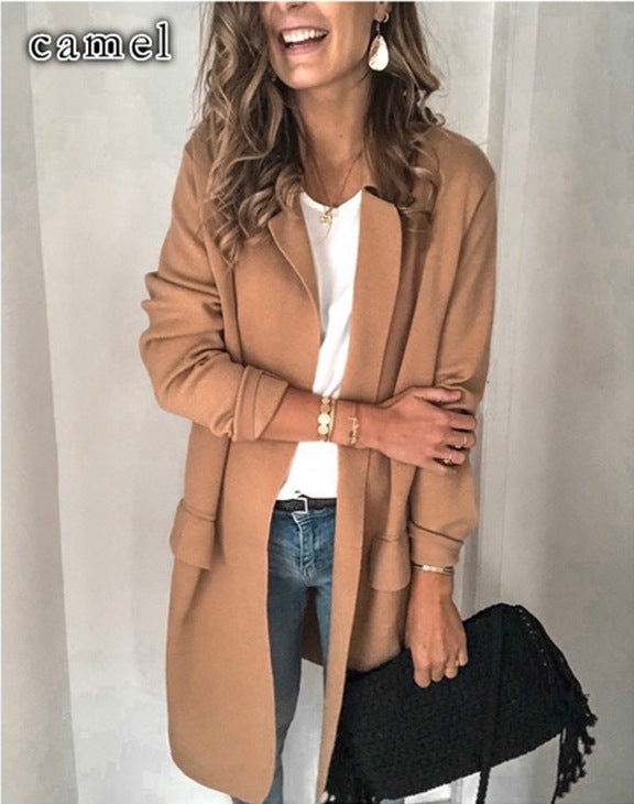 Damen elegante Langjacke mit praktischen Taschen und lockerer Passform Drune