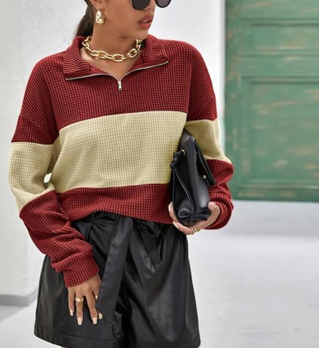 Damen Pullover mit Reißverschluss und Blockstreifen Drune