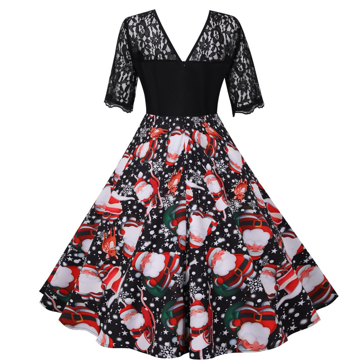 Damen Vintage Weihnachtskleid mit dekorativem Spitzenoberteil und Schwingrock Drune