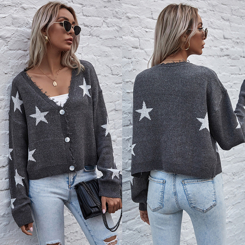 Damen lässige Strickjacke mit Sternenmotiv und Fransen Drune