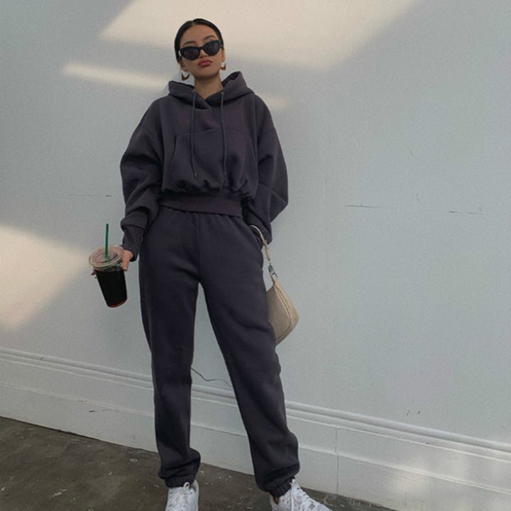 Damen nan kuscheliges kurzes Kapuzenpullover- und hochgeschnittene Jogginghose Set Drune