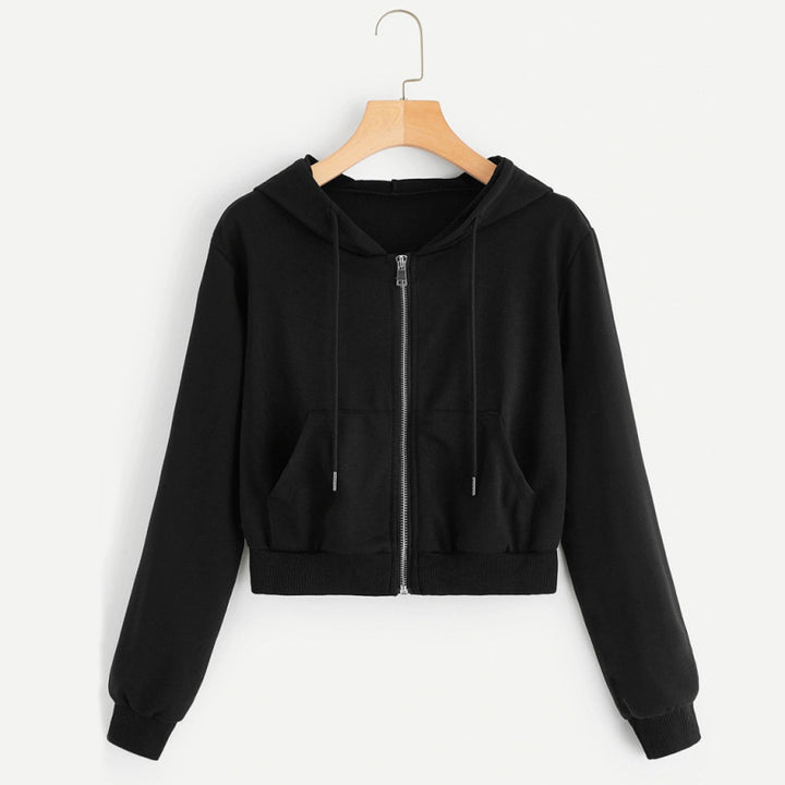 Damen Kurzer Reißverschluss Hoodie mit Kängurutasche Drune